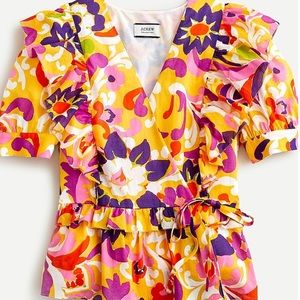 J Crew Collection Ruffle Floral Wrap Top Classic Peplum Yellow, Pink Purple NWT